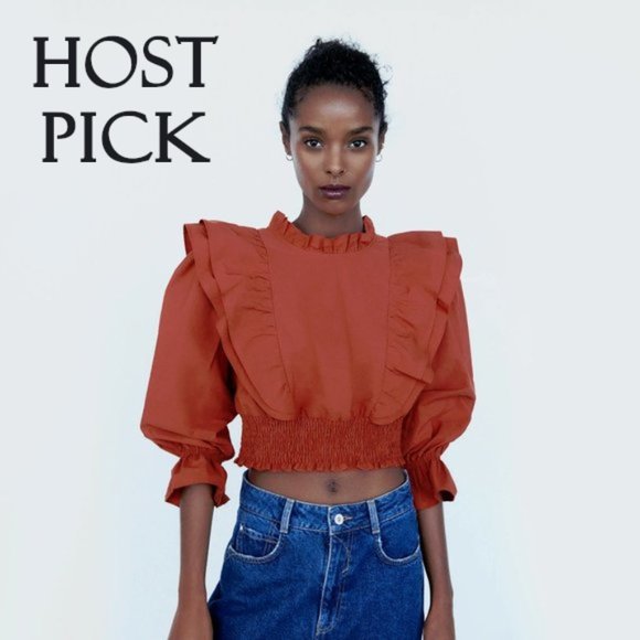 Zara Tops - NWT Zara brick red ruffled poplin blouse shirt, M